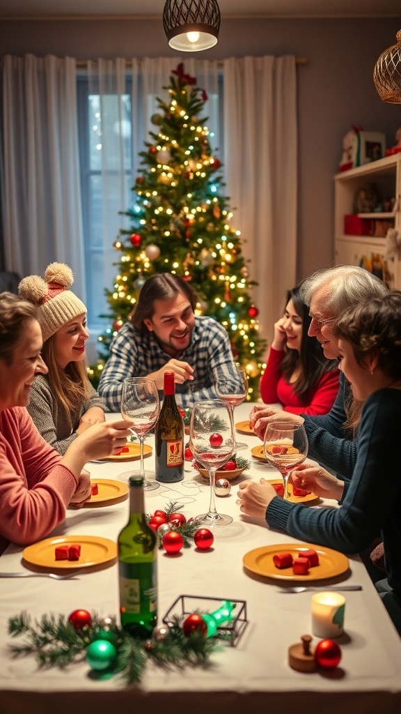 Group of friends enjoying Christmas games at a festive party with decorations and a Christmas tree.